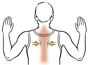 Man from back with elbows bent, doing shoulder squeeze exercise.