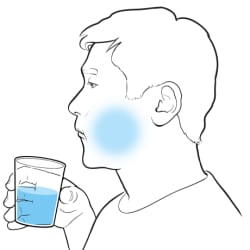 Person holding a glass of water and swishing water in their mouth.
